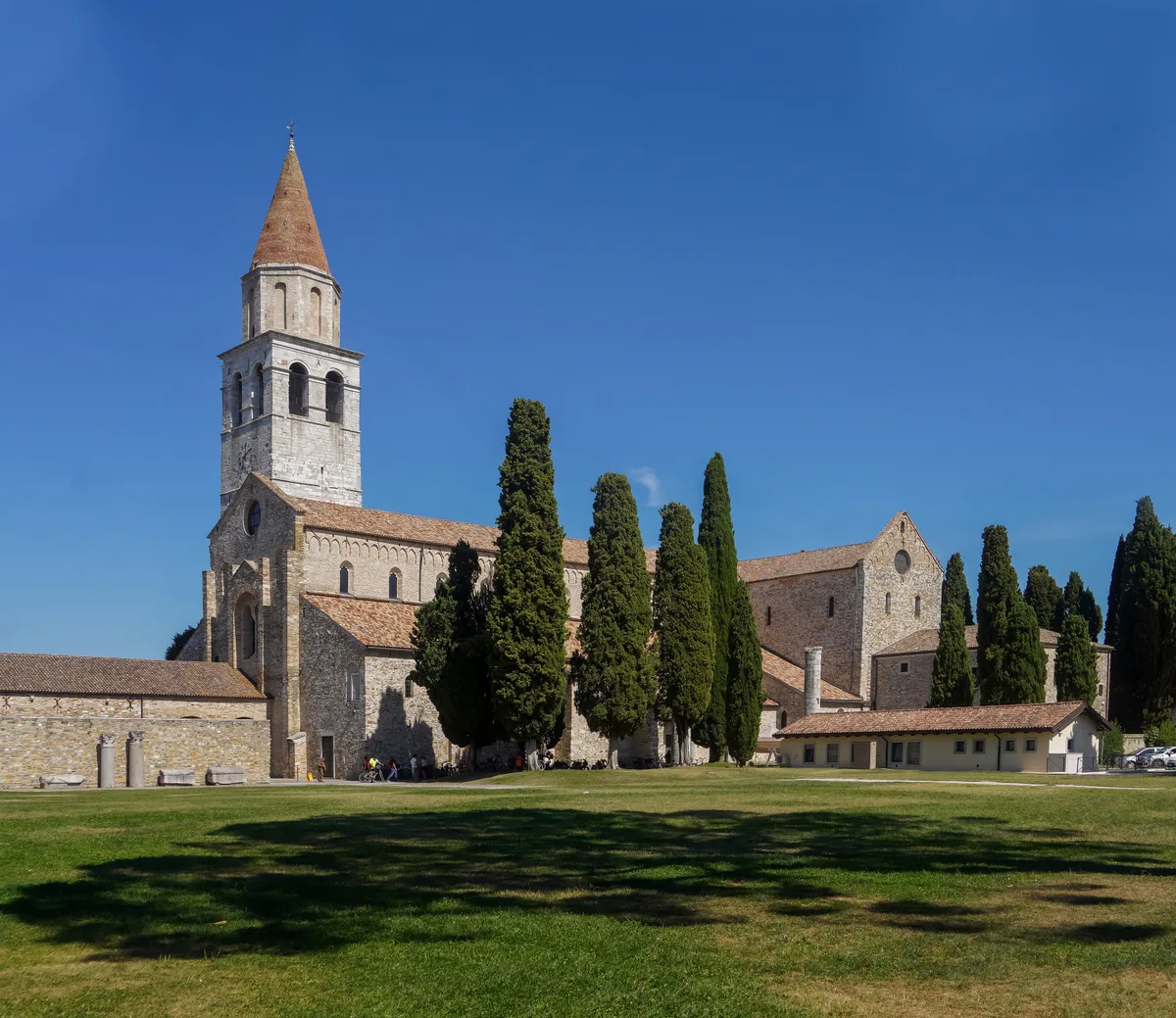 The exterior of the Basilica of Aquileia beside its bell tower