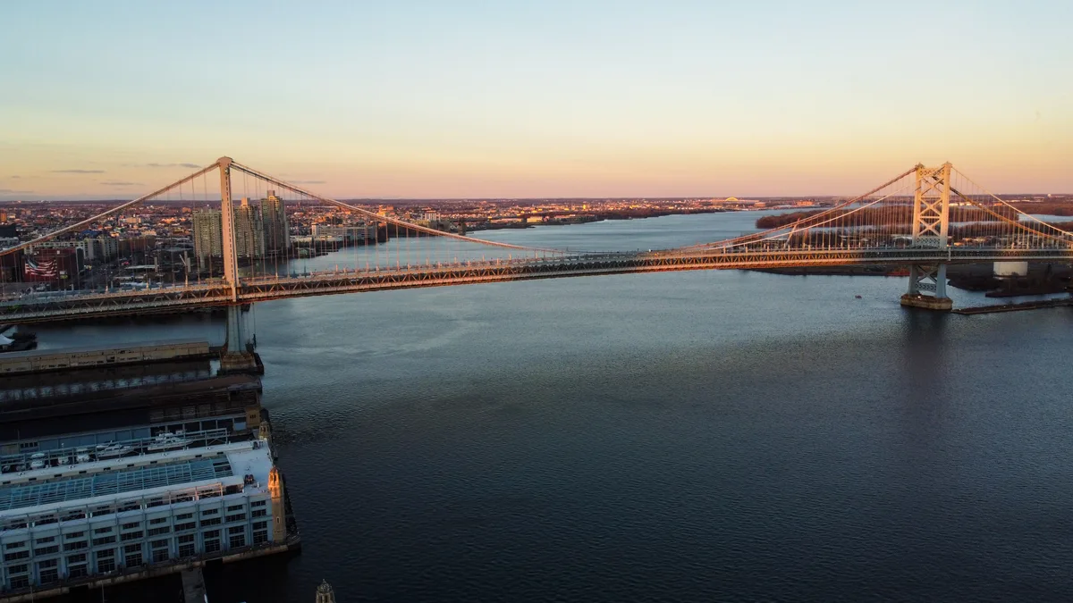 Benjamin Franklin Bridge in Philadelphia - Two 380-foot towers of steel and concrete, linked by great cables and a...