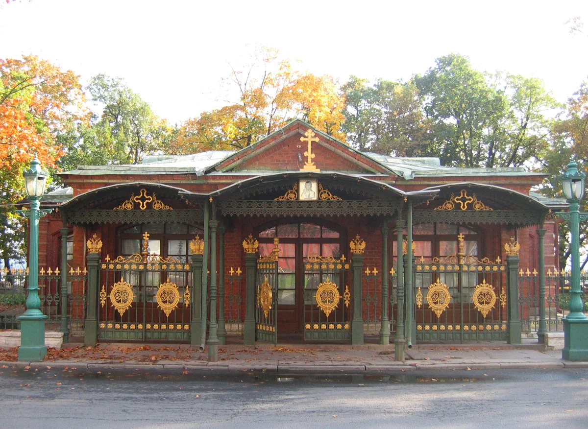 Peter the Great's Log Cabin in St. Petersburg - A tiny two-room log house of painted pine logs, tucked inside a...