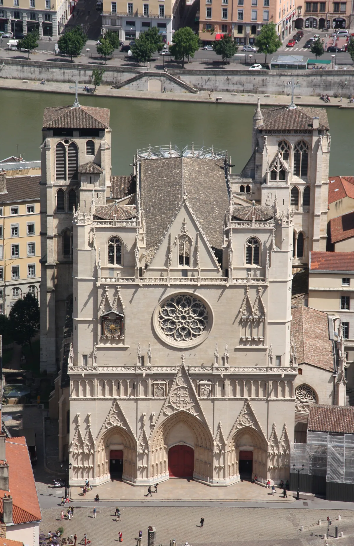 Lyon Cathedral in Lyon - medieval cathedral with flamboyant Gothic west façade on Place Saint-Jean in Vieux Lyon