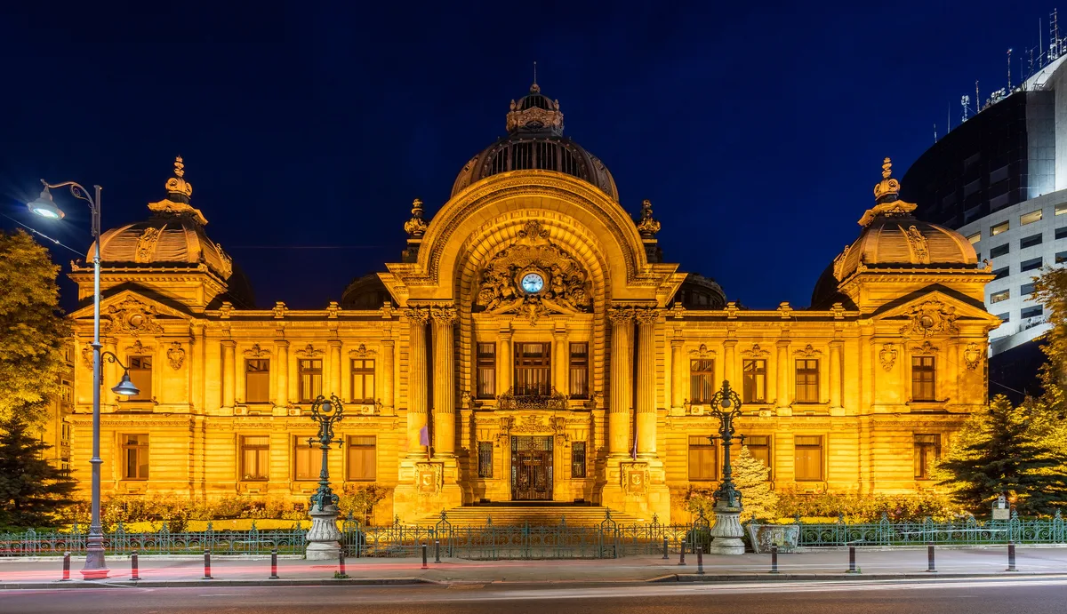 CEC Palace in Bucharest - A grand early-20th-century palace on Calea Victoriei crowned by a tall glass-and-metal dome...