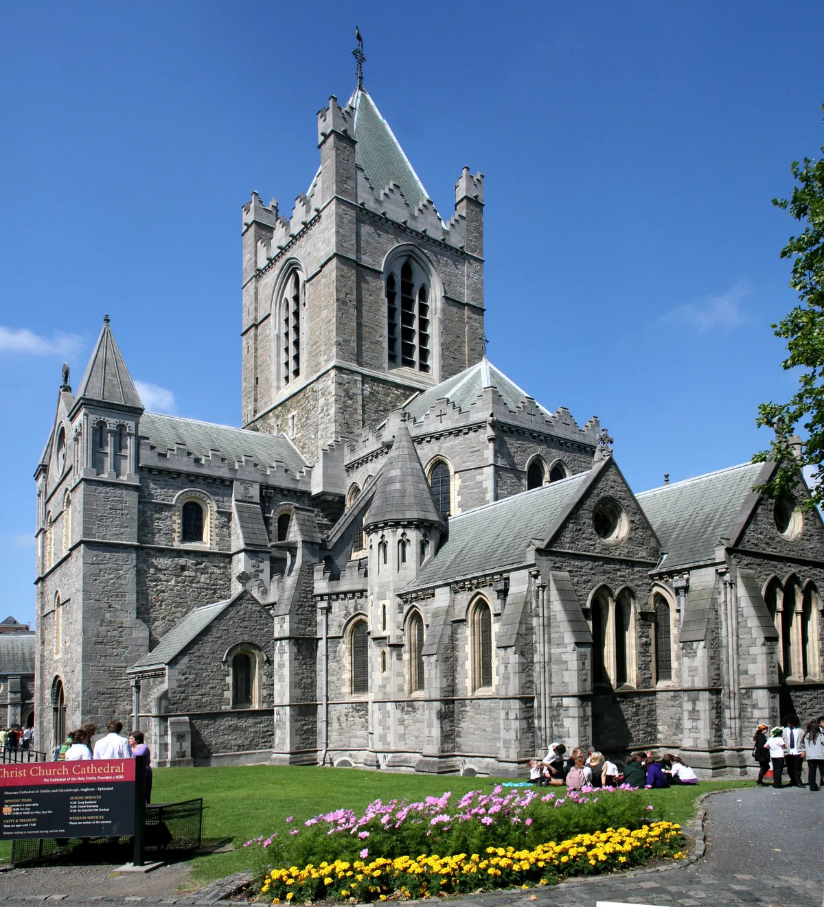 Christ Church Cathedral in Dublin - A grey limestone Gothic cathedral with a visibly leaning north wall and a stone...