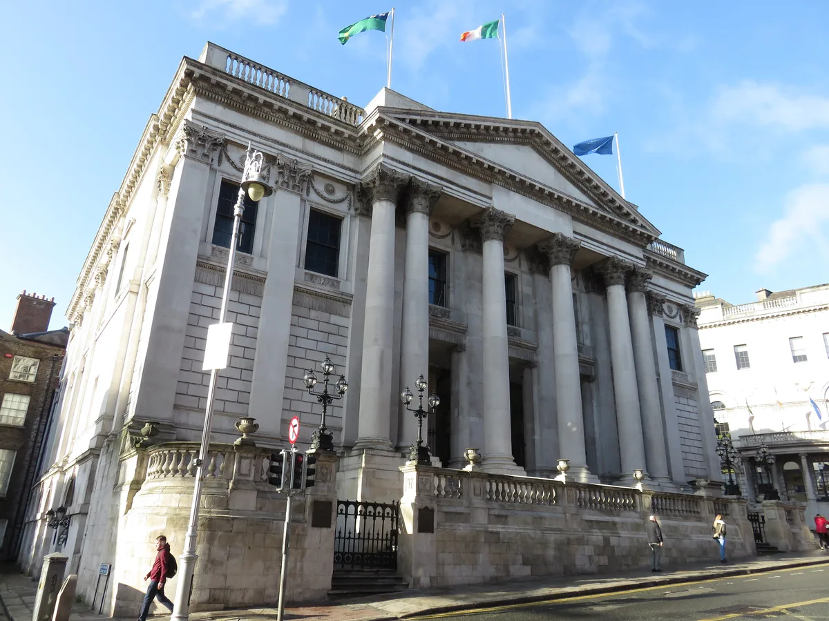 City Hall in Dublin - A domed Portland-stone neoclassical building with a grand six-columned Corinthian portico, rising...