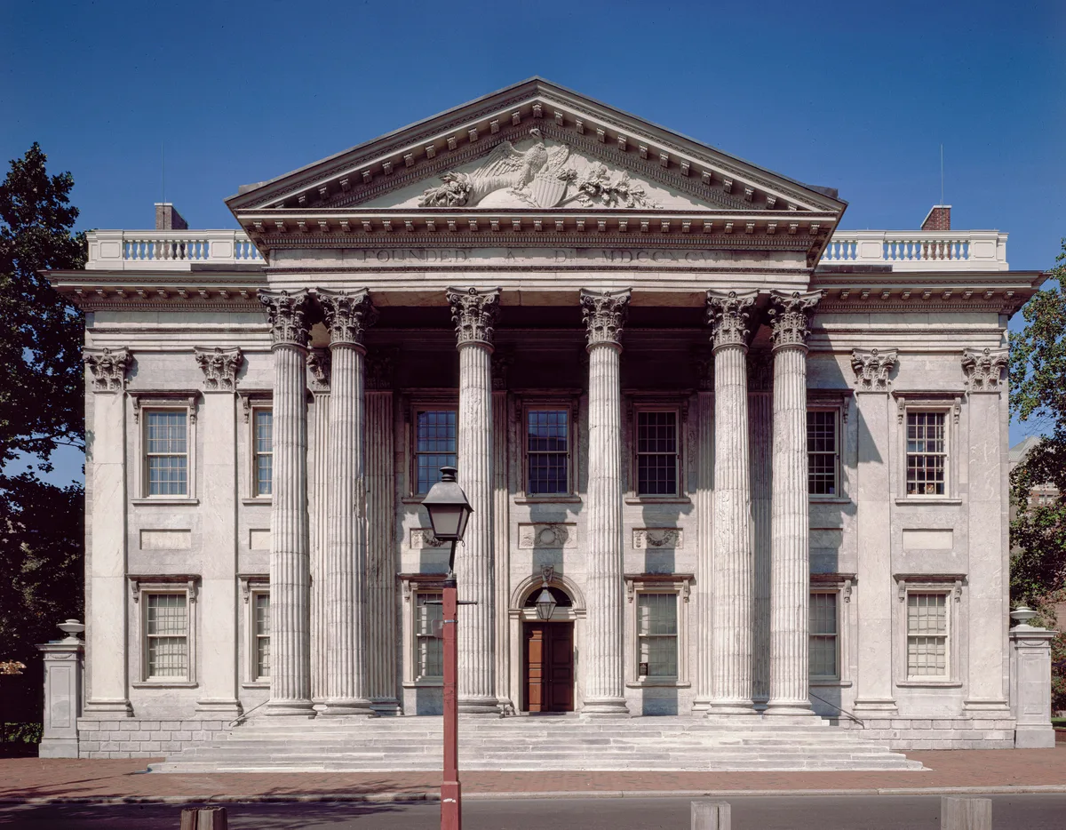 First Bank of the United States in Philadelphia - A restrained neoclassical front of marble and stone, its low dome and...