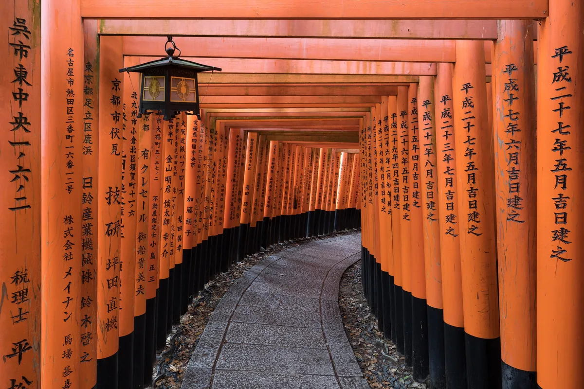 Fushimi Inari Taisha in Kyoto - Thousands of vermilion torii gates forming continuous tunnels that climb up the...