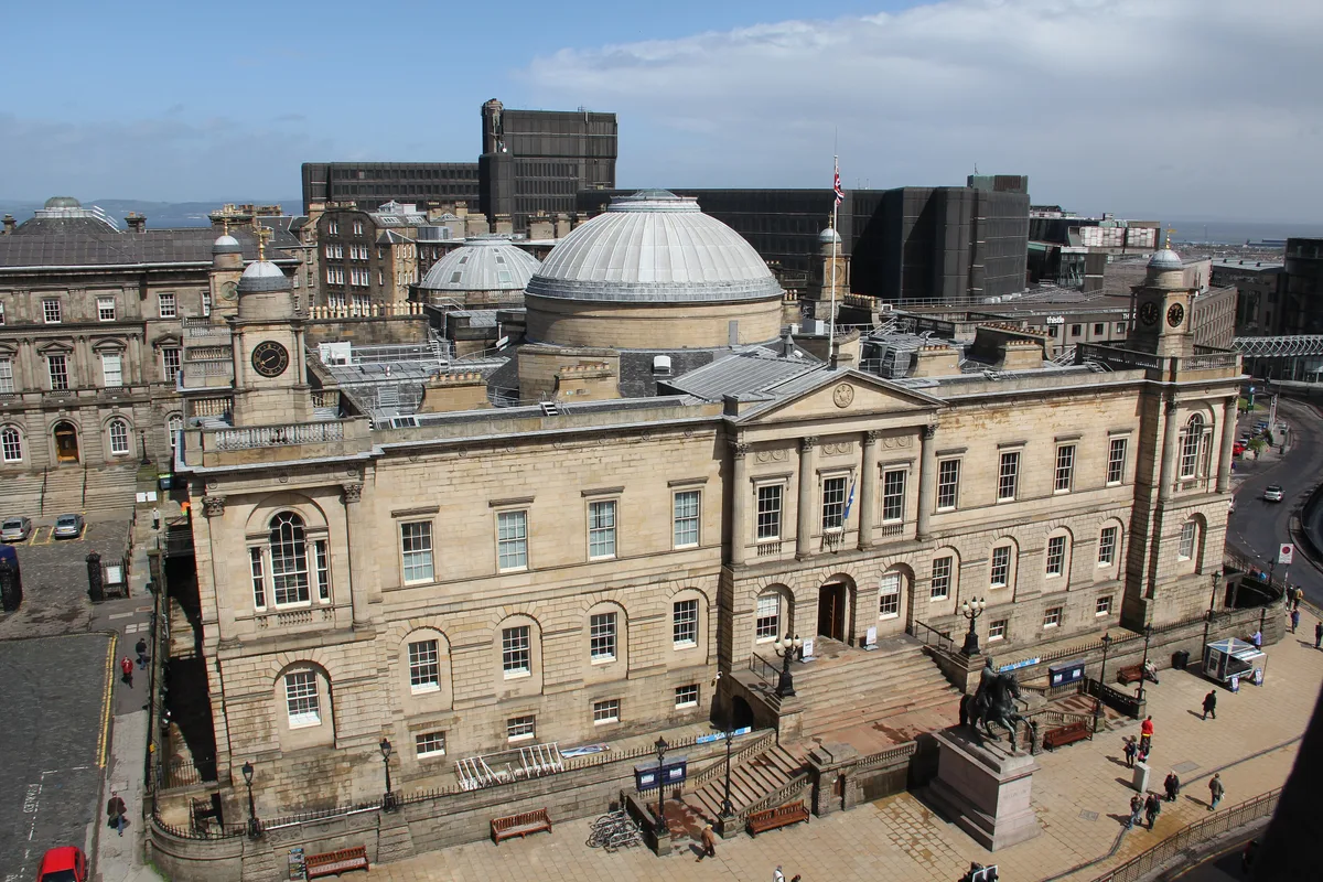 General Register House in Edinburgh - The neoclassical home of the National Records of Scotland at the east end of Princes Street, with the equestrian statue of the Duke of Wellington before it