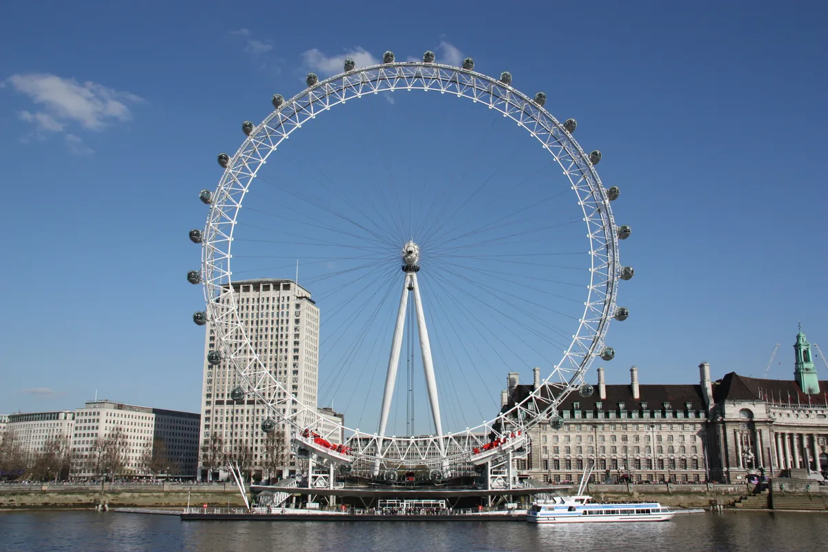London Eye in London - A 135-metre giant observation wheel on the South Bank of the Thames, with 32 glass capsules...