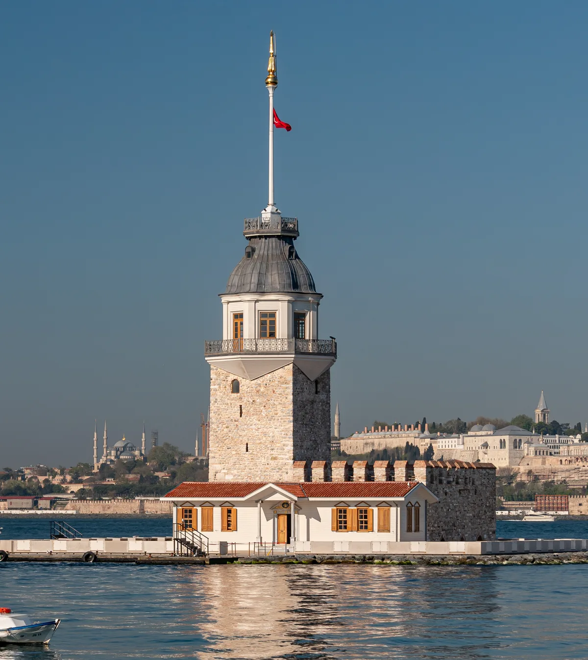 Maiden's Tower in Istanbul - A small stone tower standing alone on a tiny rocky island in the Bosphorus, accessible...