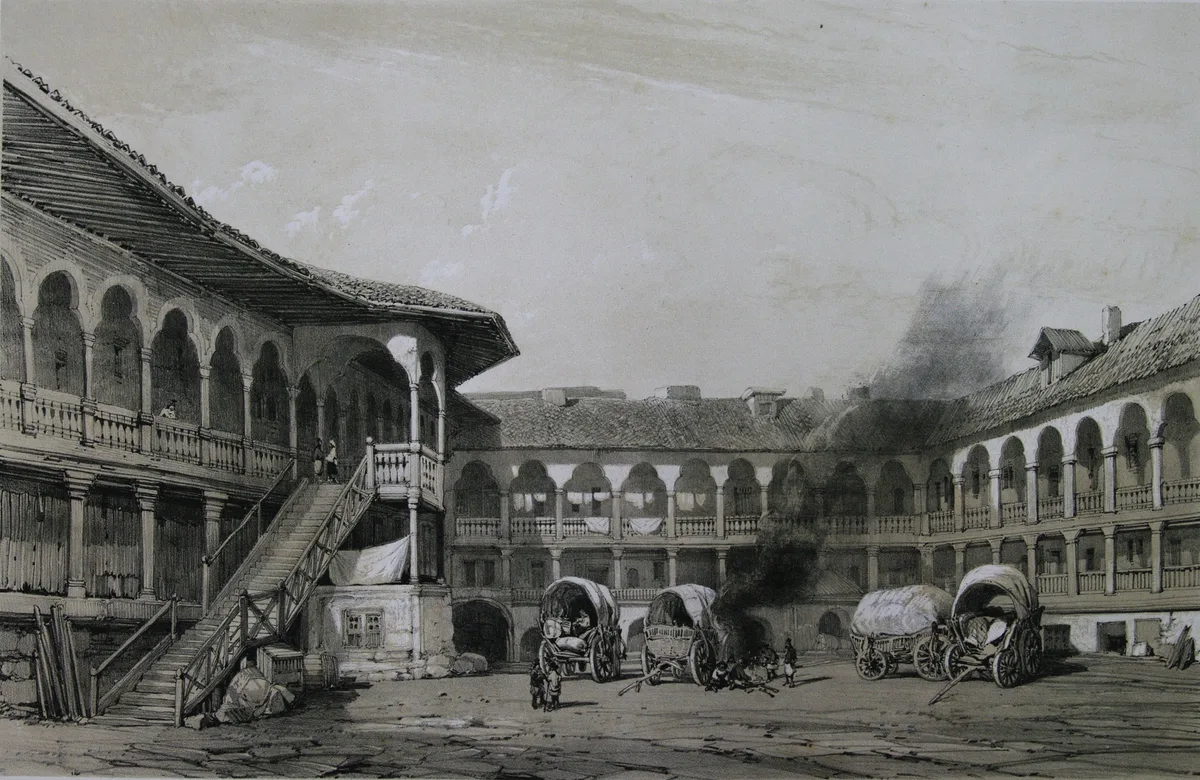 Manuc's Inn in Bucharest - A rambling two-storey caravanserai with a large inner courtyard wrapped in wooden galleries...