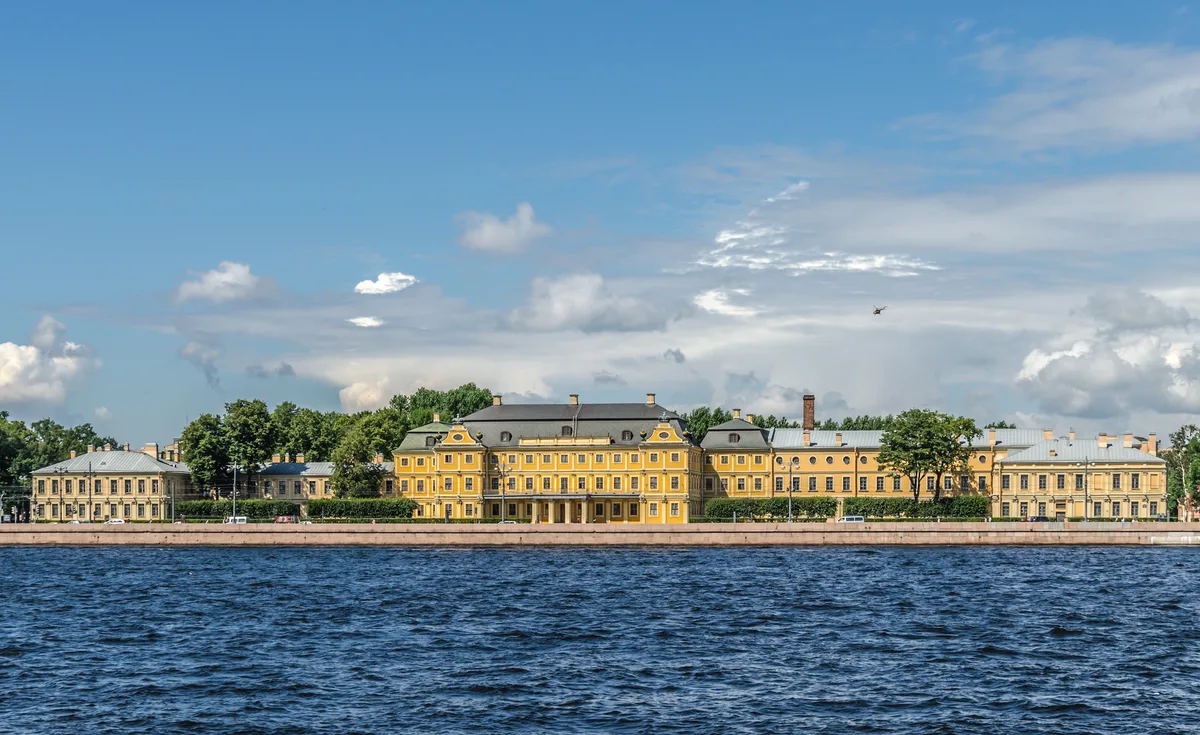 Menshikov Palace in St. Petersburg - A broad two-colour Petrine Baroque palace on the Universitetskaya Embankment, with...