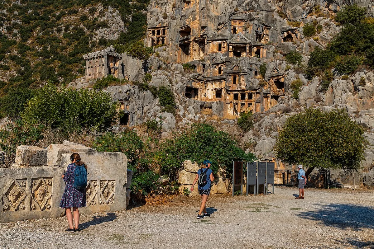 The Lycian rock-cut tombs of Myra carved into the cliffs above Demre