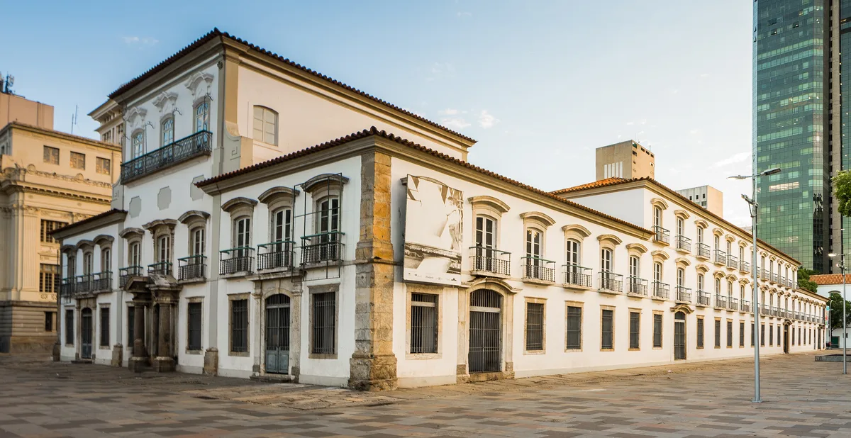 Paço Imperial in Rio de Janeiro - A two-storey colonial palace with a Baroque facade and a central courtyard, painted...