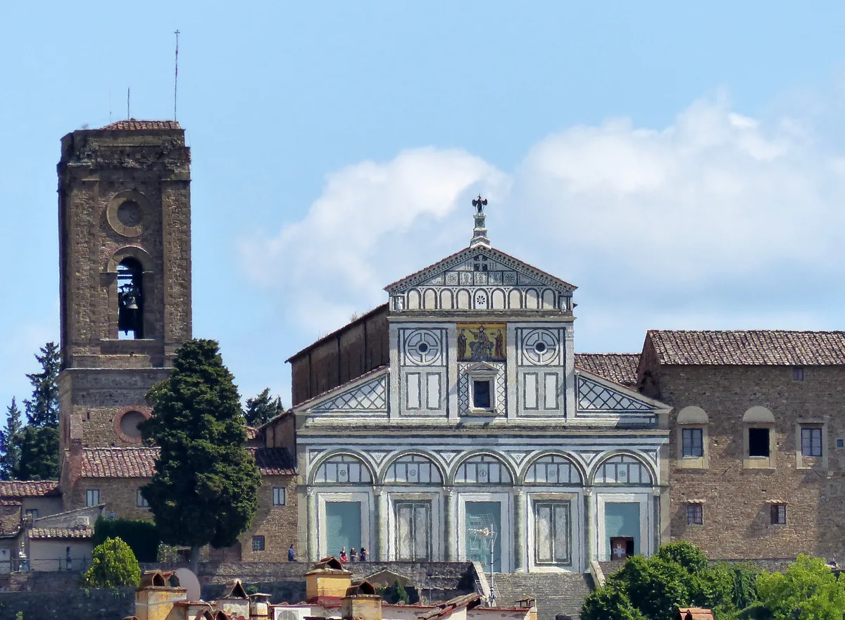 San Miniato al Monte in Florence - A Romanesque basilica on a hilltop south of the Arno, its white-and-green marble...