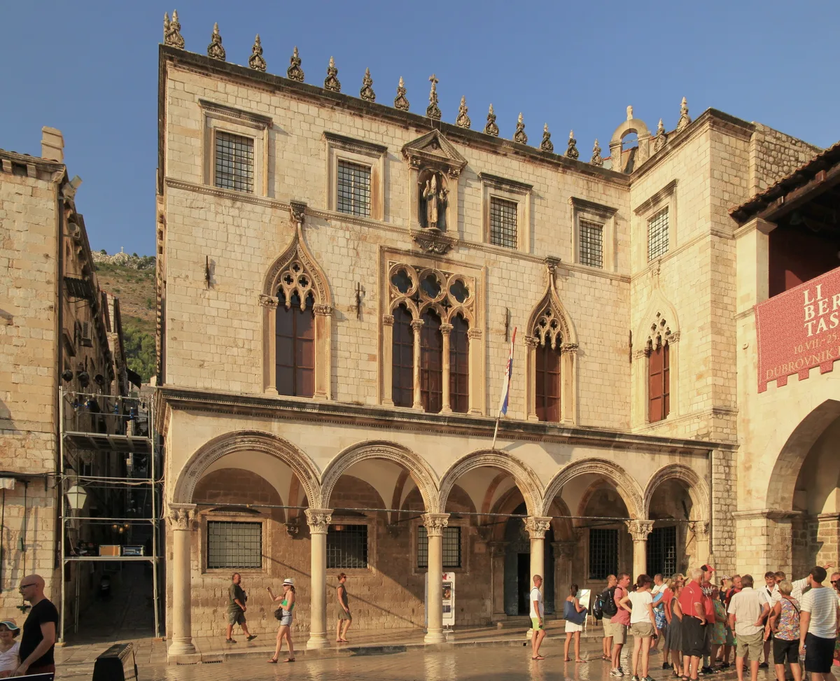 Sponza Palace in Dubrovnik - A rectangular Gothic-Renaissance palace with an arcaded central courtyard and an open...