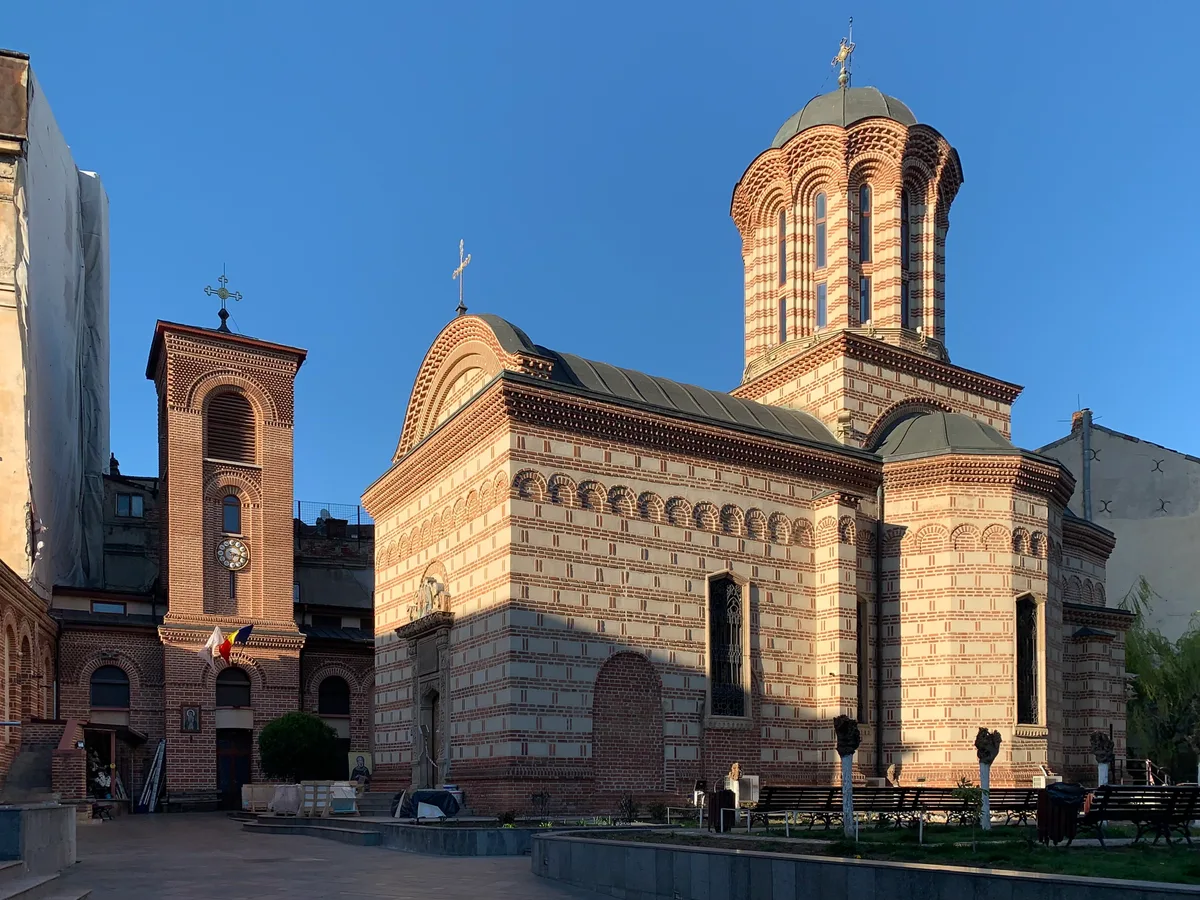 St. Anthony Church in Bucharest - A small Orthodox church of warm brick with a slim bell tower, squeezed between Old...