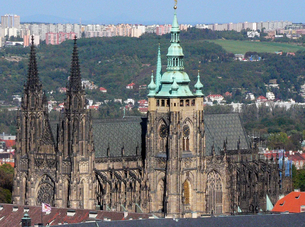 St. Vitus Cathedral in Prague - A soaring Gothic cathedral within the castle complex, with twin spires reaching 99.6...