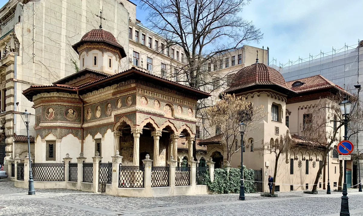Stavropoleos Church in Bucharest - A jewel of a church in a quiet Old Town courtyard: richly carved stone pilasters and...