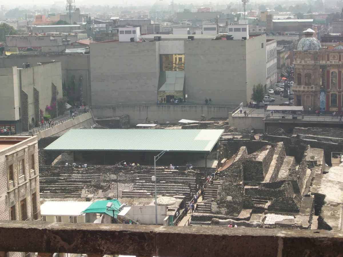 Templo Mayor in Mexico City - An excavated Aztec pyramid complex in the heart of downtown, with tiered platforms, stone...