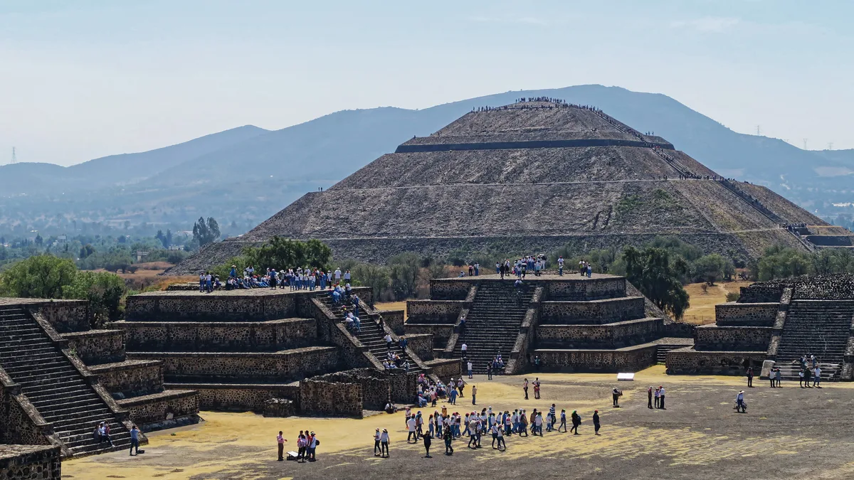 Teotihuacán, Pyramid of the Sun in Mexico City - A monumental stepped pyramid rising 65 metres above the Avenue of the...