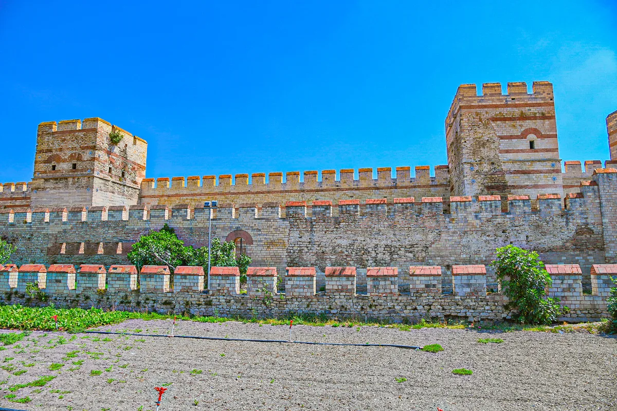 The Theodosian land walls of Istanbul, a double line of stone ramparts and towers crossing the hills west of the old city.