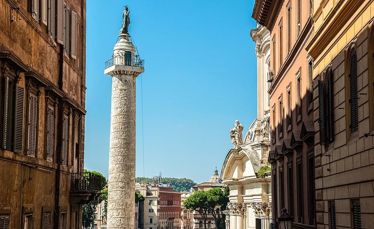 Trajan's Column rising above the ruins of the imperial forums