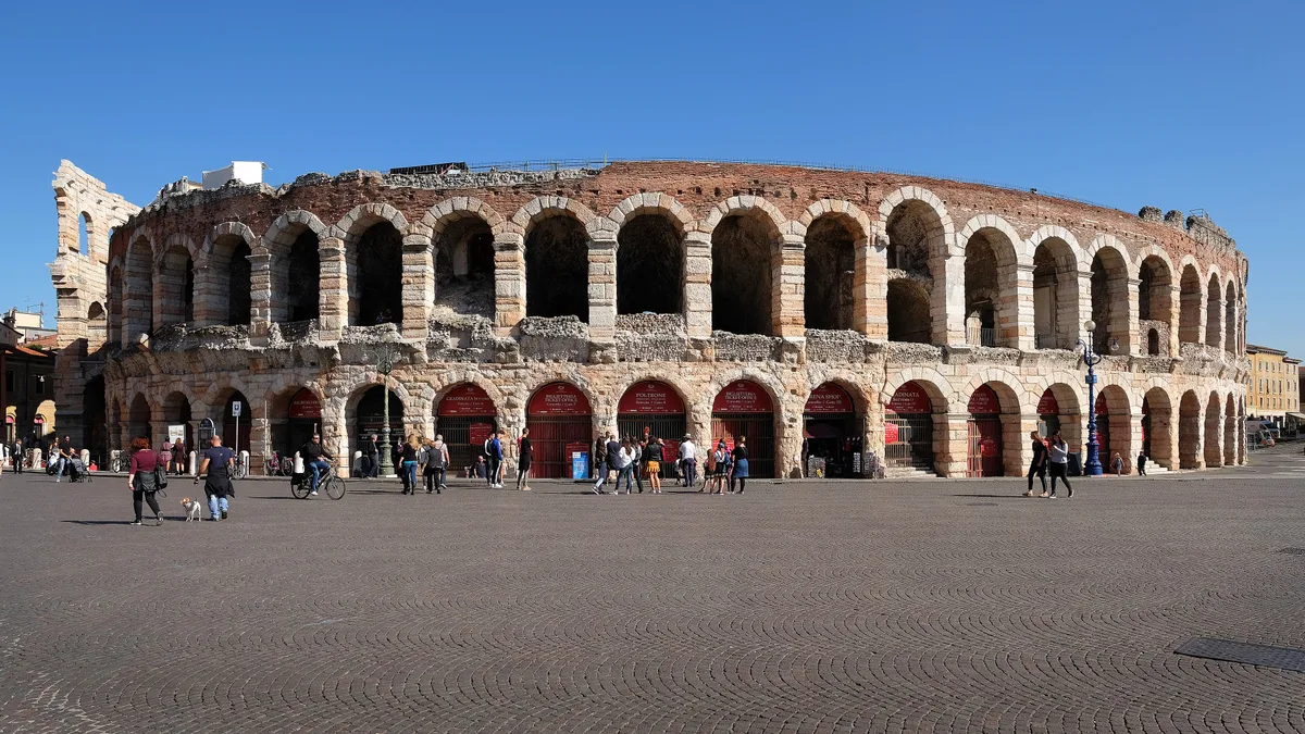 The pink stone tiers of the Roman arena in Verona
