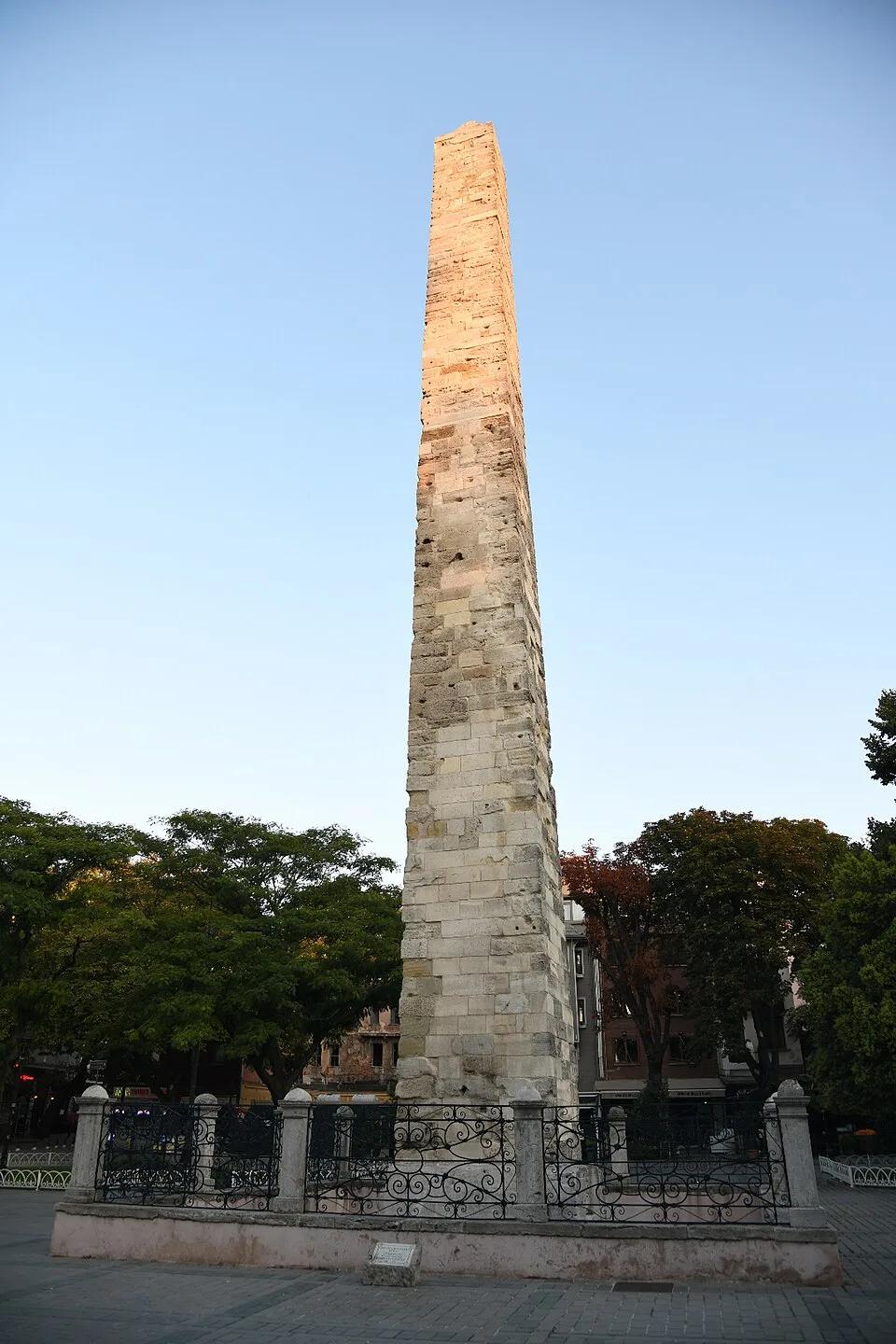 Walled Obelisk (Örme Dikilitaş) in Istanbul - A tapering masonry tower of brick and stone on the old Hippodrome, its rough patchwork surface a silent clue to a lost bronze casing.