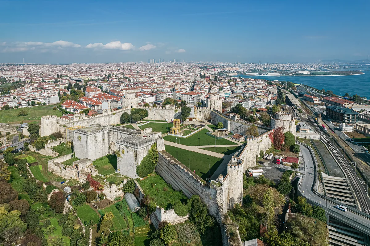Yedikule Fortress, seven stone towers enclosing the marble Golden Gate on the Marmara shore of Istanbul.