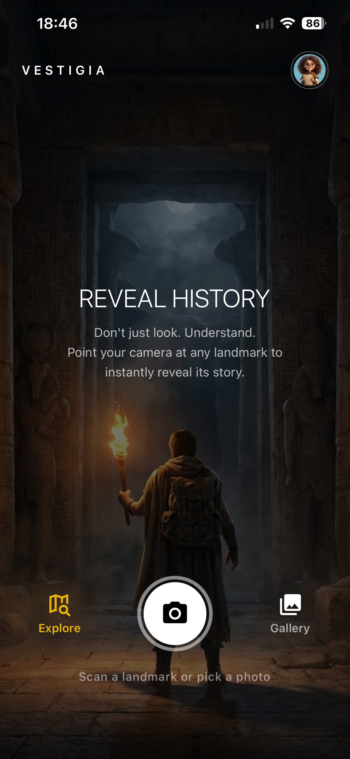 Vestigia AI camera scan screen identifying a landmark