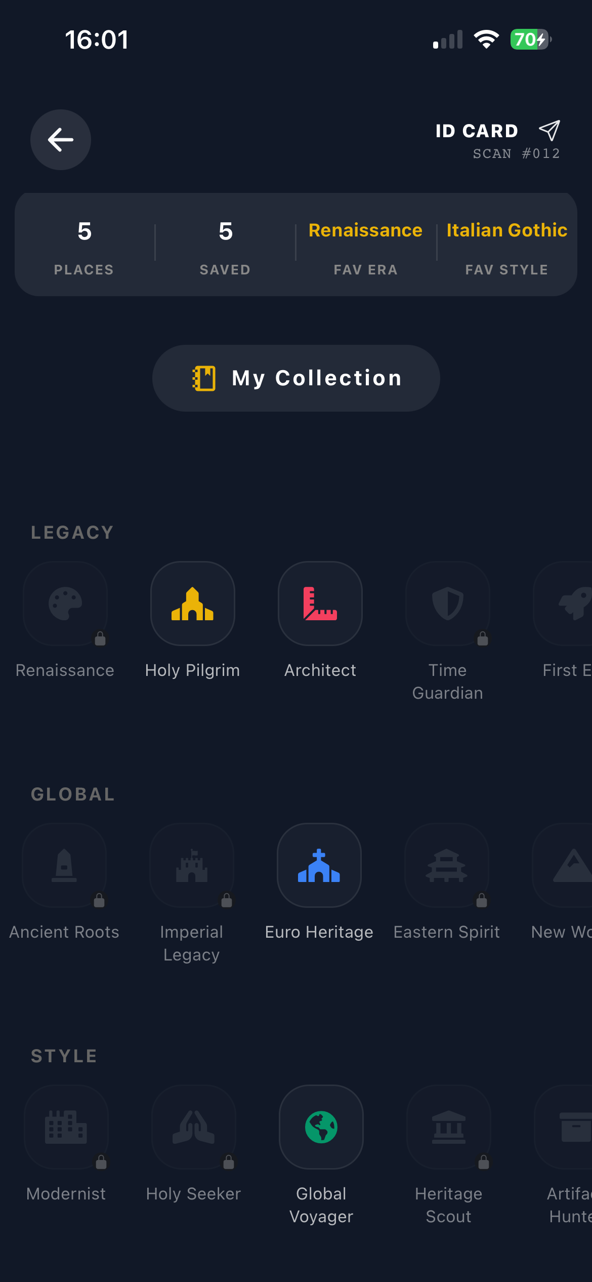 Vestigia AI dark mode landmark exploration