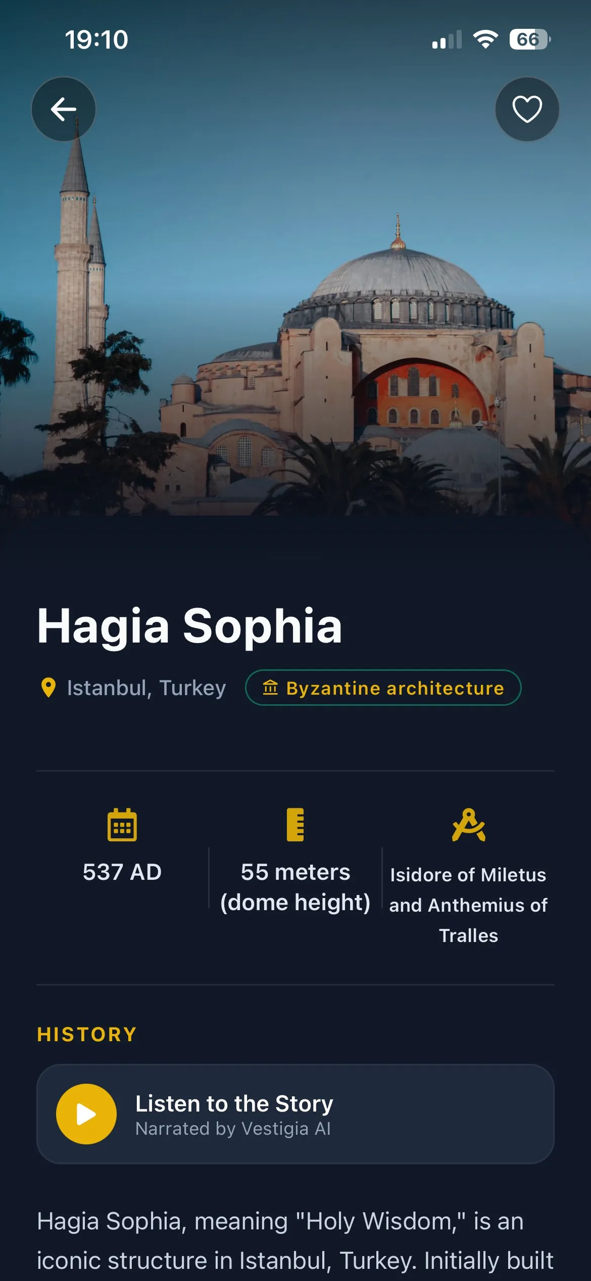 Vestigia AI historical details view