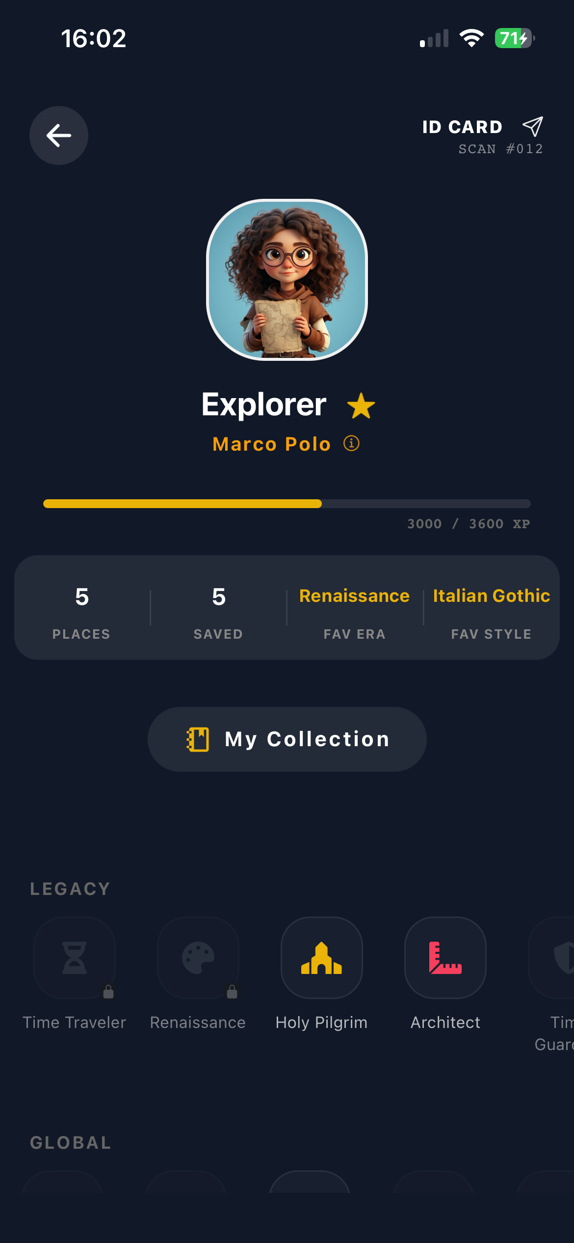 Vestigia AI explorer profile with XP badges and rank progression