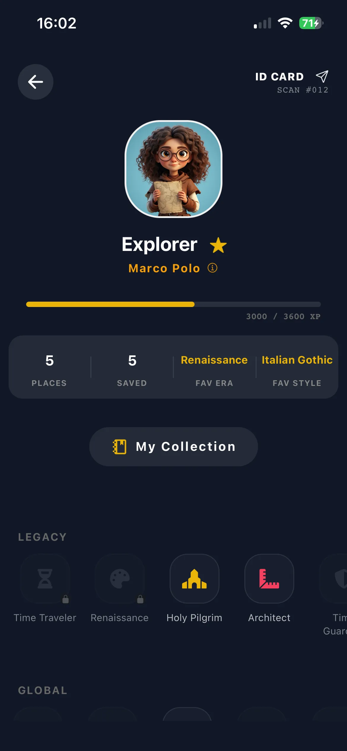 Vestigia AI explorer profile with badges