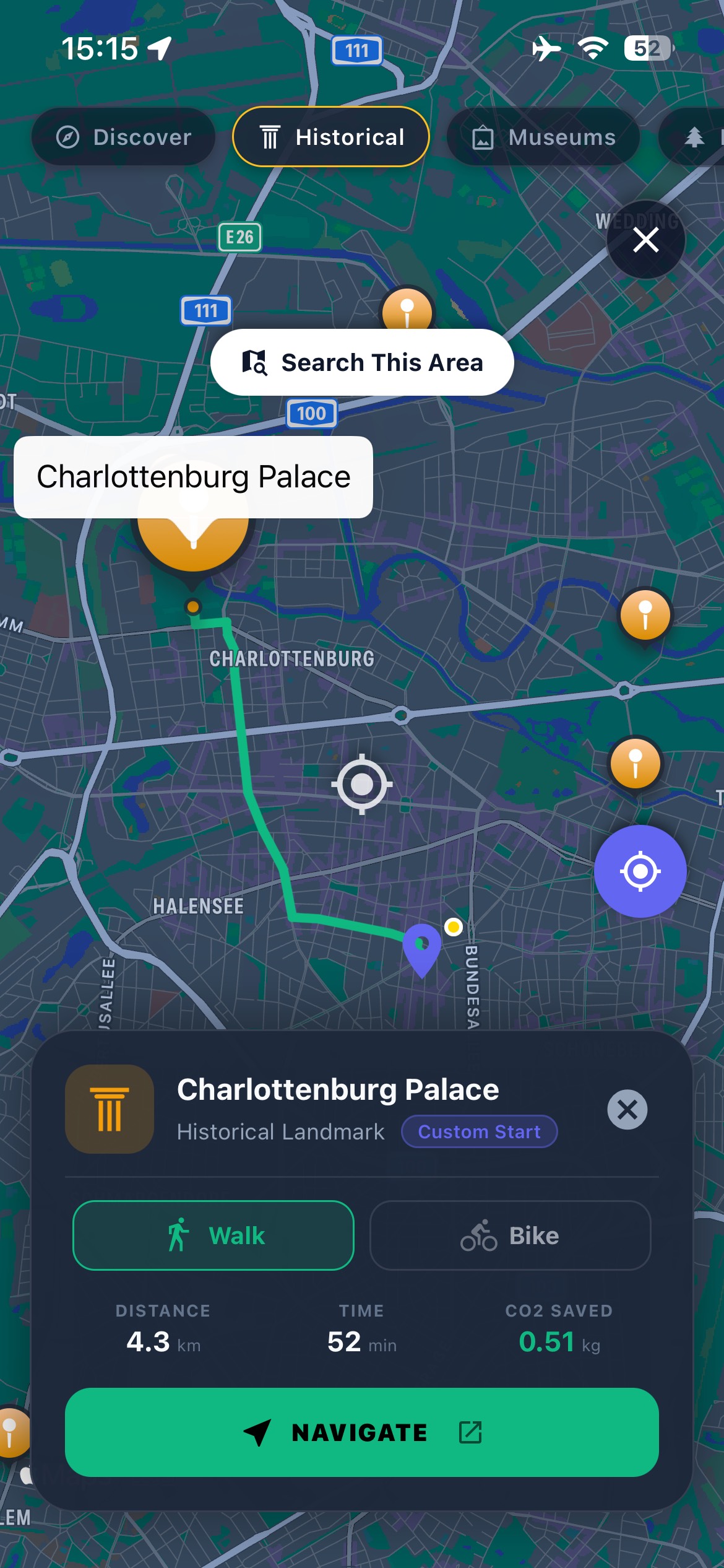 Vestigia AI interactive map showing nearby historical landmarks