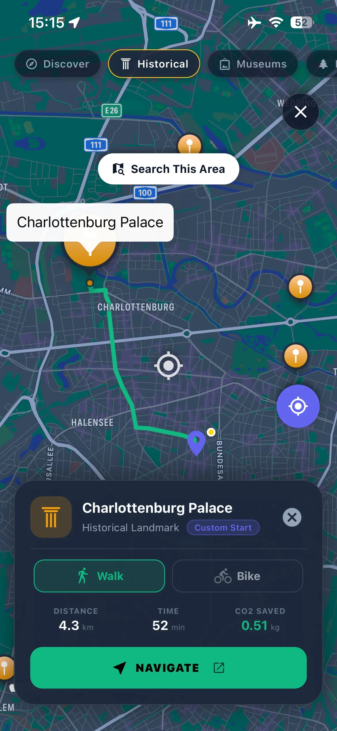 Vestigia AI map view showing nearby historical sites